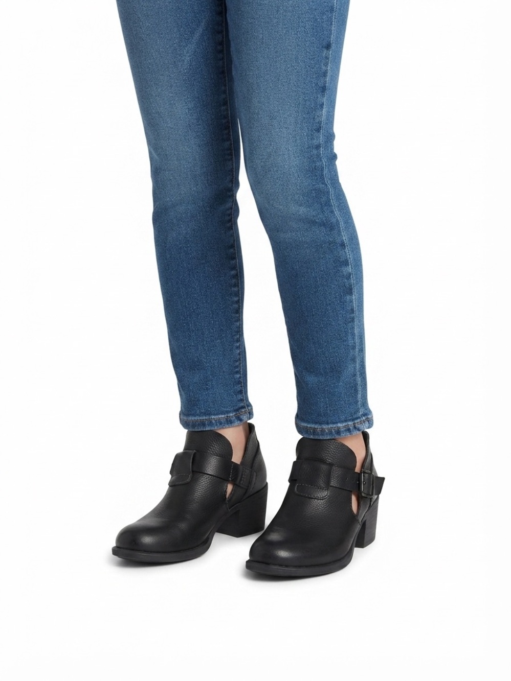 Black Leather Cutout Ankle Booties with Buckle Accent